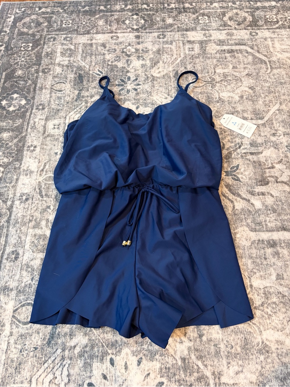Time and Tru Navy Blue One-Piece Swim Romper with Drawstring